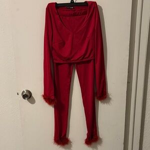 Fashion Nova Red Coord with Feather Cuffs
